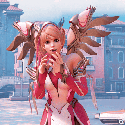Gif of pink Mercy from Overwatch laughing